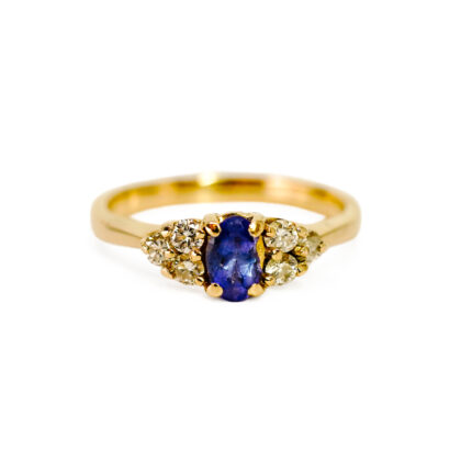 14ct Yellow Gold Tanzanite & Diamond Cluster Ring | Oval Centre Stone | Size M½ #71093