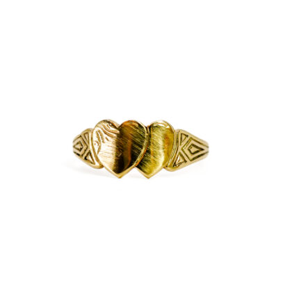 9ct Yellow Gold Double Heart Ring | Engraved Shoulders | Size G½ #70938