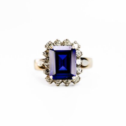 9ct Yellow Gold Synthetic Sapphire & CZ Cluster Ring Size N1/2 #70522