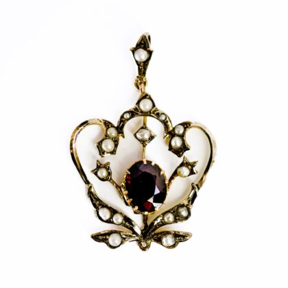 Antique 9ct Yellow Gold Garnet & Pearl Pendant Brooch #69398