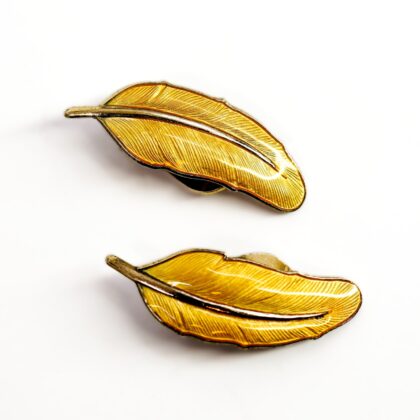 Dragsted Denmark Gold Plated Sterling Silver Enamel Feather Clip On Earrings 31mm #70790