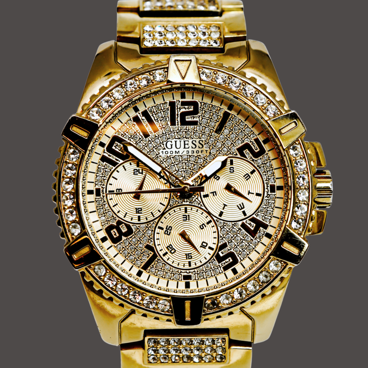 Guess W0799G2 Gold Tone Diamante 47mm Quartz Watch 19cm Band #65573 Guess W0799G2 Gold Tone Diamante 47mm Quartz Watch 19cm Band #65573