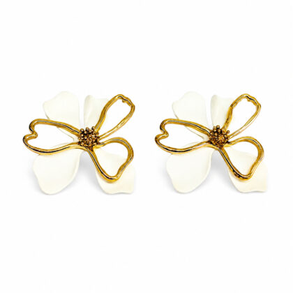 Sterling Silver Gold-Plated White Enamel Flower Stud Earrings #70278