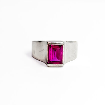 Sterling Silver Synthetic Ruby Signet Ring | Emerald Cut Red Stone | Size N #70914