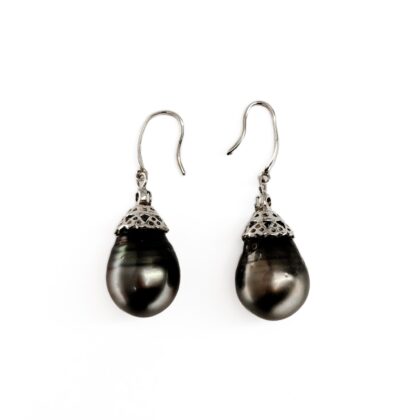 Sterling Silver Tahitian Pearl Drop Earrings | 13mm Silvery-Black Pearls | 9.3g #70794