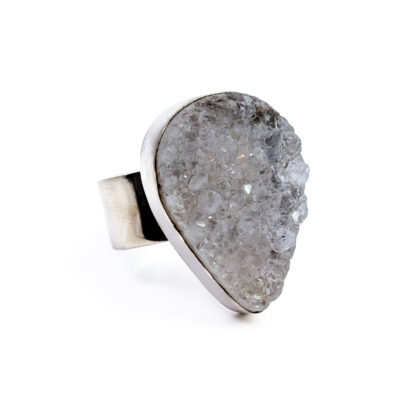 Sterling Silver White Druzy Quartz Statement Ring | Organic Teardrop #70913