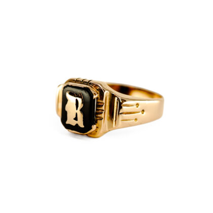 Vintage 10ct Yellow Gold Signet Ring | Black Onyx Initial "R" | Size X #70639
