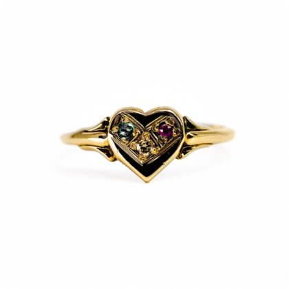 Vintage 9ct Yellow Gold Ruby Diamond and Emerald Heart Signet Ring | Size O1/2 #69805