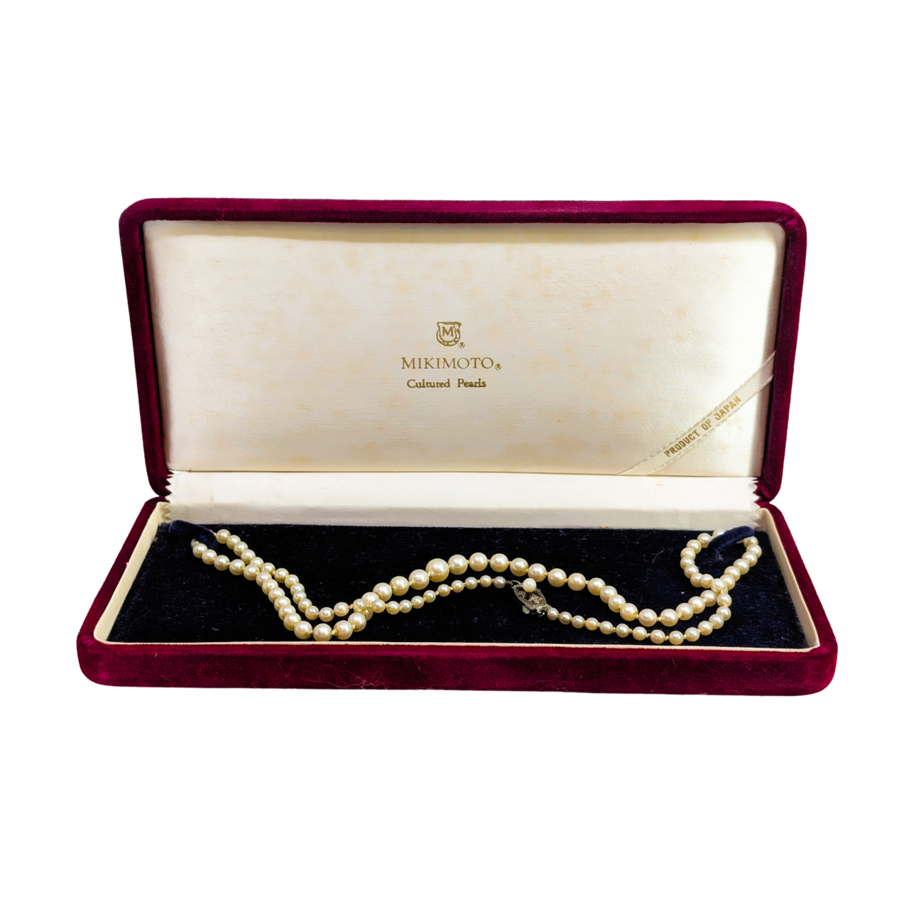 Vintage Mikimoto Graduated Pearl Necklace with Silver Clasp + Box + Certificate #70579 Vintage Mikimoto Graduated Pearl Necklace with Silver Clasp + Box + Certificate #70579