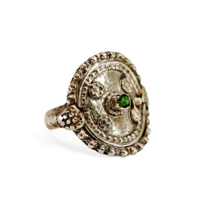 Vintage Solid Silver Adjustable Ring Green Stone Ornate Tribal Boho Statement #70765