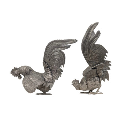Vintage Pair of Silver Plated Fighting Cockerel Statue | Rooster Figurines | 20cm & 27cm #71048