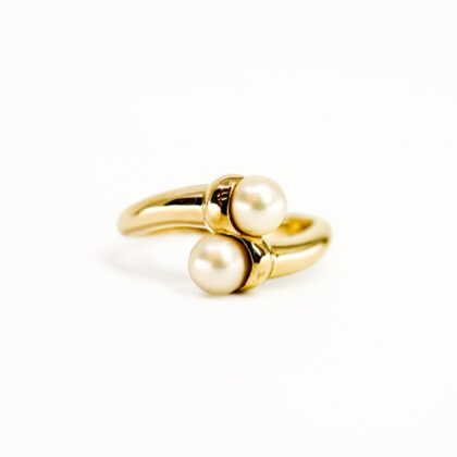 9ct Yellow Gold Pearl Duo Ring | Open Bypass Design | Size N #70132