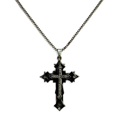 Black & Silver-Tone Cubic Zirconia Cross Necklace | Gothic Layered Pendant | 60cm Chain #71311