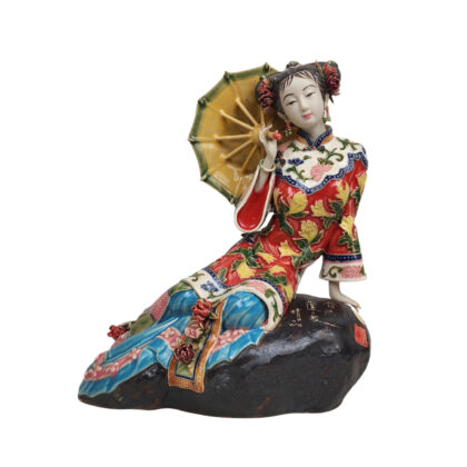 Monty's Chinese Wucai Porcelain Lady Figurine with Umbrella | Hand-Painted Ceramic Sculpture | 24cm #71053-1