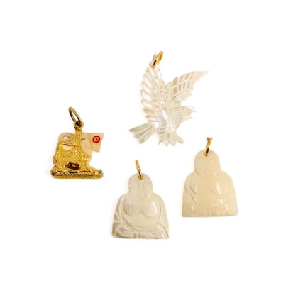 Collection of 4 Vintage Pendants | Carved Buddhas, Eagle & Horse | Gold-Tone Bails #71231-25