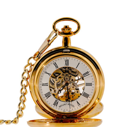 Mount Royal Gold-Plated Double Half Hunter Skeleton Pocket Watch | Mechanical | Chain & Box #71067