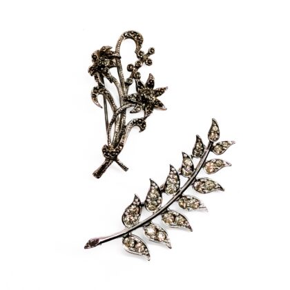 Pair of Vintage Floral Rhinestone Brooches | Silver-Tone | Leaf & Flower Designs #71231-23