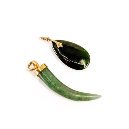 Pair of Vintage Green Stone Pendants | Gold-Plated Bails | Tooth & Teardrop Cabochon #71231-26