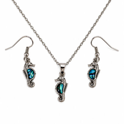 Seahorse Necklace & Earrings Jewellery Set | Abalone Shell Inlay | 40cm Chain #71231-30