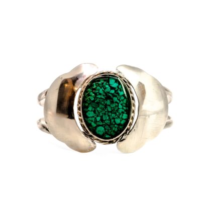 Silver-Plated Mexican Adjustable Bangle | Green Cabochon | 20.2g #70809