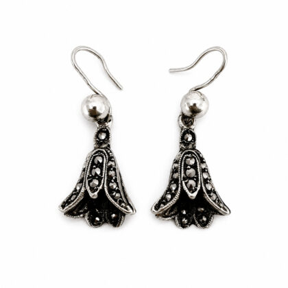 Sterling Silver Bell Flower Marcasite Drop Earrings | 3.0g | 29mm Drop #71263