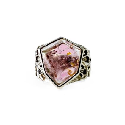 Sterling Silver Glass Shield Signet Ring | Pink Inclusion Design | Size R½ | 10.4g #71308