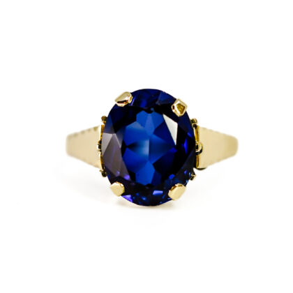 Monty's Vintage 14ct Yellow Gold Blue Synthetic Sapphire Ring | Oval Solitaire | Size L½ #71063