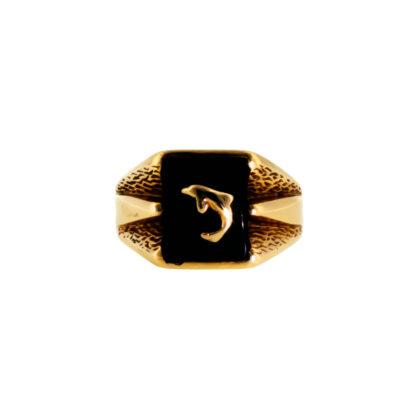 Vintage 9ct Gold Onyx Dolphin Signet Ring | Men's Statement Ring | Size T.5 | 9.1g #71064