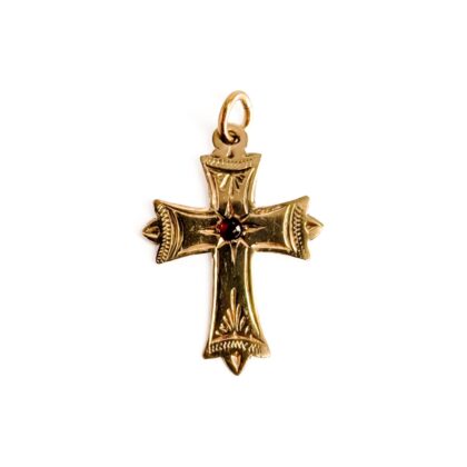 Vintage 9ct Yellow Gold Garnet Cross Pendant | Engraved Detail #69751