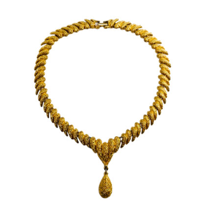 Vintage Gold Plated Statement Necklace | Textured Link Drop Pendant | 40cm #70969