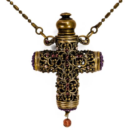 Vintage Ornate Cross Perfume Bottle Necklace | Brass Tone | 3D Pendant | 85cm Chain #71231-3