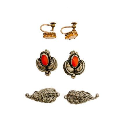 Vintage Set of 3 Clip-On & Screw-Back Earrings | Cameo, Coral & Marcasite Styles #71231-31