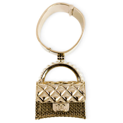Chanel AB6133 Gold Tone & Pearly White Handbag Charm Bangle With Box #71364