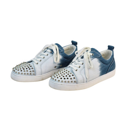 Monty's Christian Louboutin Louis Junior Spikes Flat Denim Sneakers | Blue & White | Size 45 | Box #71126
