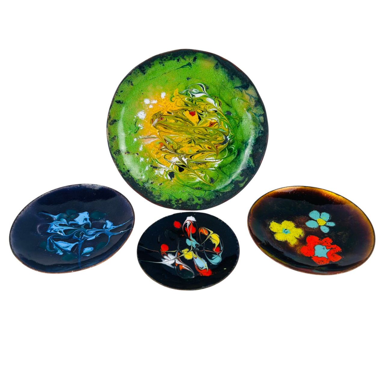 Collection of 4 Small Hand Painted Glazed Brass Decorative Plates #71589-37 Collection of 4 Small Hand Painted Glazed Brass Decorative Plates #71589-37 - Image 2