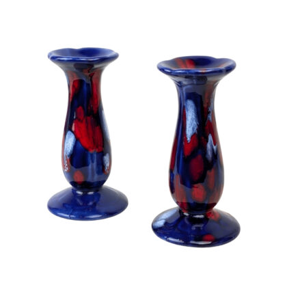Monty's Pair of Vintage Art Pottery Candlestick Holders Blue & Red Glaze 15cm #71222-28