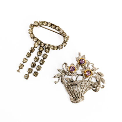 Pair of Vintage Rhinestone Brooches | Floral Basket & Dangle Designs #71231-24