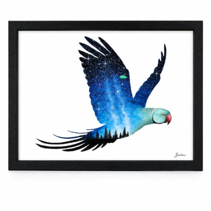 Signed Australian Blue Ring-Necked Parakeet Watercolour Painting | Galaxy Night Sky | 45 x 32.5cm #71222-40