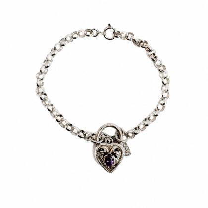 Sterling Silver Belcher Link Amethyst Heart Clasp Bracelet | 17cm | 10.9g #71606