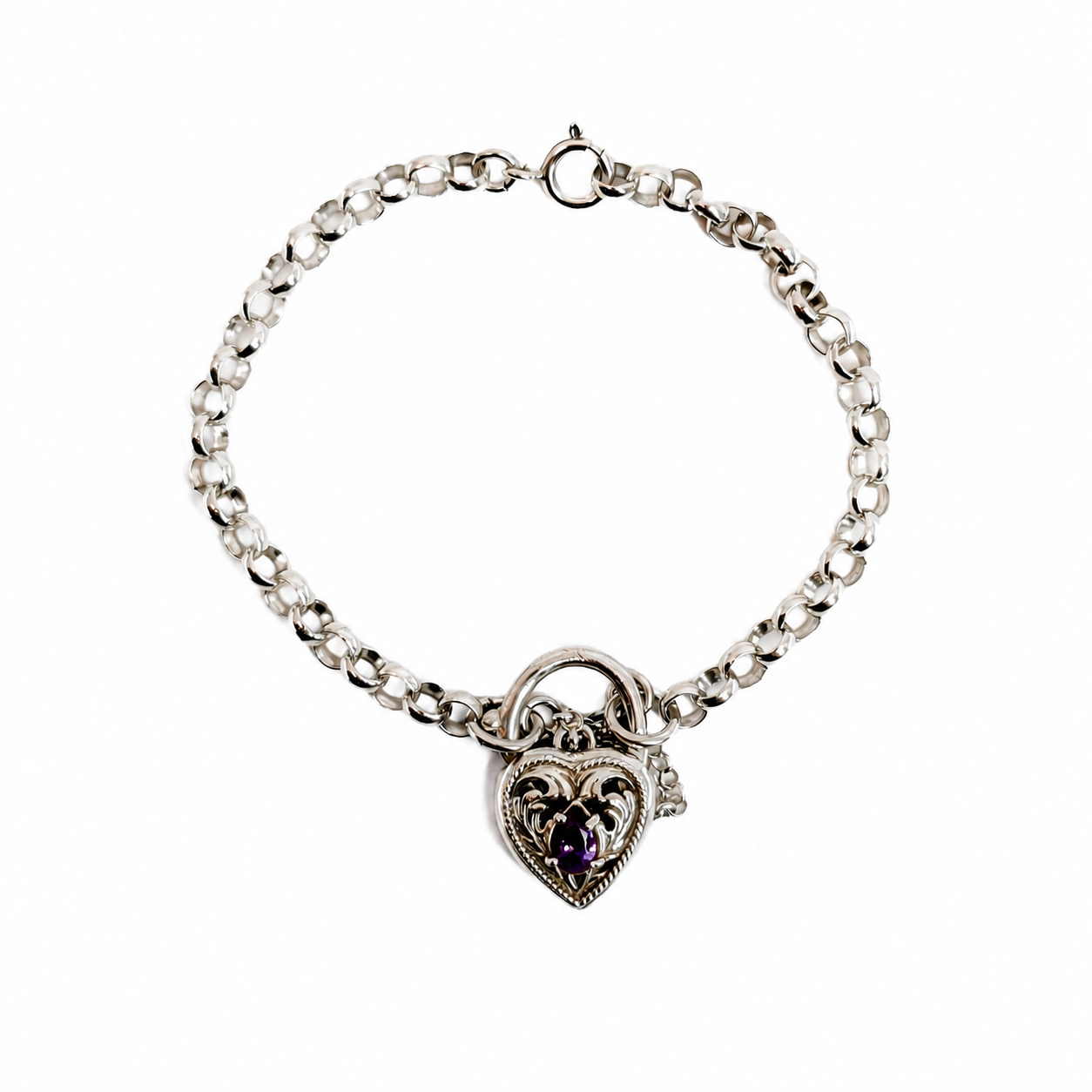 Sterling Silver Belcher Link Amethyst Heart Clasp Bracelet | 17cm | 10.9g #71606 Sterling Silver Belcher Link Amethyst Heart Clasp Bracelet | 17cm | 10.9g #71606