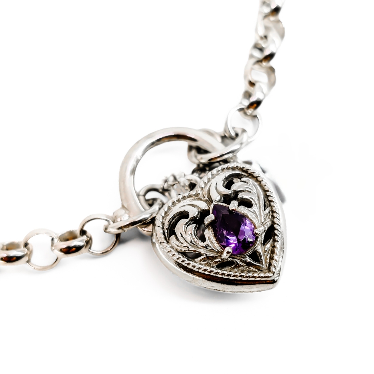 Sterling Silver Belcher Link Amethyst Heart Clasp Bracelet | 17cm | 10.5g #71606 Sterling Silver Belcher Link Amethyst Heart Clasp Bracelet | 17cm | 10.5g #71606 - Image 2