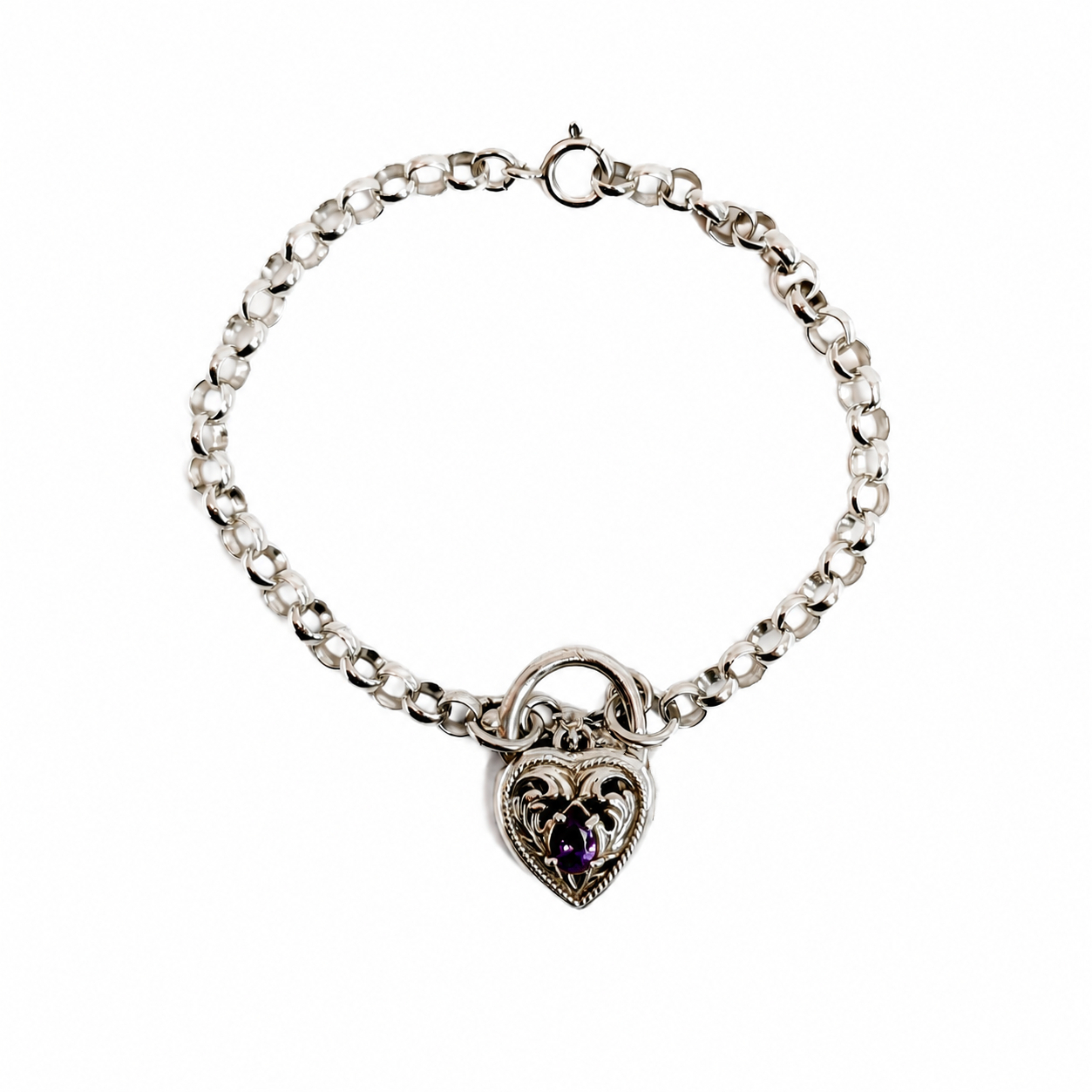 Sterling Silver Belcher Link Amethyst Heart Clasp Bracelet | 17cm | 10.5g #71606 Sterling Silver Belcher Link Amethyst Heart Clasp Bracelet | 17cm | 10.5g #71606 - Image 4