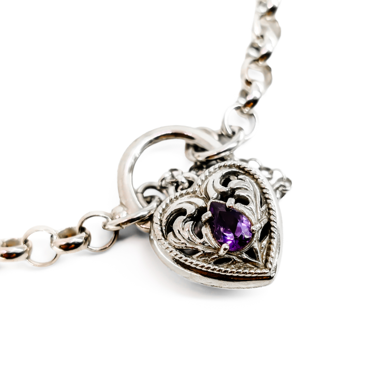 Sterling Silver Belcher Link Amethyst Heart Clasp Bracelet | 17cm | 10.9g #71606 Sterling Silver Belcher Link Amethyst Heart Clasp Bracelet | 17cm | 10.9g #71606 - Image 2