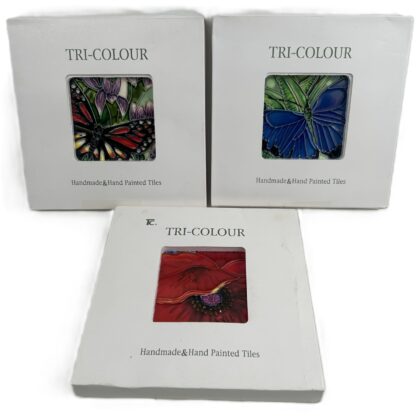 Tri-Colour Butterfly & Flower Handmade & Hand-Painted Decorative Tiles | Set of 3 | 20 x 20cm | Boxed #71222-50