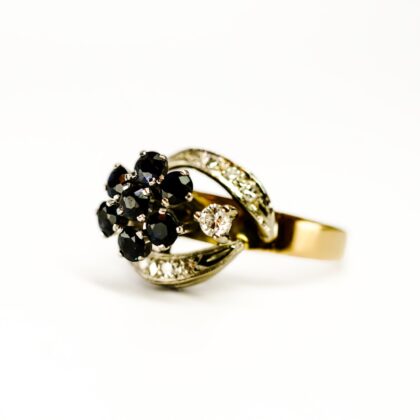 Vintage 18ct Yellow Gold Sapphire & Diamond Floral Cluster Ring | 5.0g Size N #71356