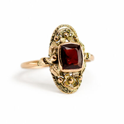 Vintage 9ct Yellow Gold Garnet Dress Ring | Filigree Setting | Size P #70941