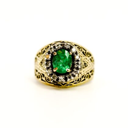 Monty's Vintage 9ct Yellow Gold Natural Emerald & Diamond Ring | Filigree Band | Size M #71346