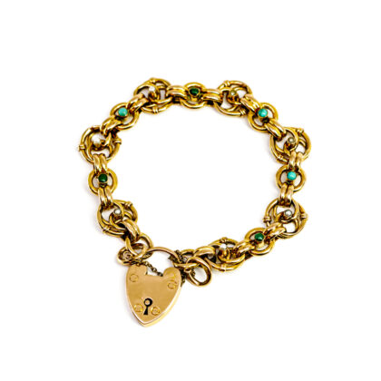 Monty's Vintage 9ct Yellow Gold Turquoise & Pearl Fancy Link Bracelet | Heart Locket | 19g #69377