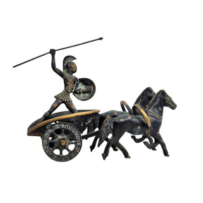 Vintage Bronze Classical Greek Warrior Two Horse Chariot Figurine 17cm #71222-44