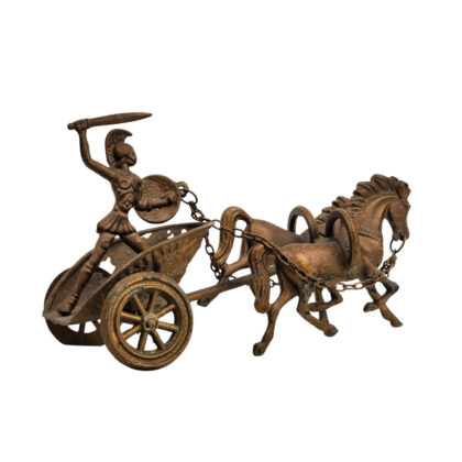Vintage Bronzed Cast Iron Classical Greek Warrior Two Horse Chariot Figurine 21cm #71222-43